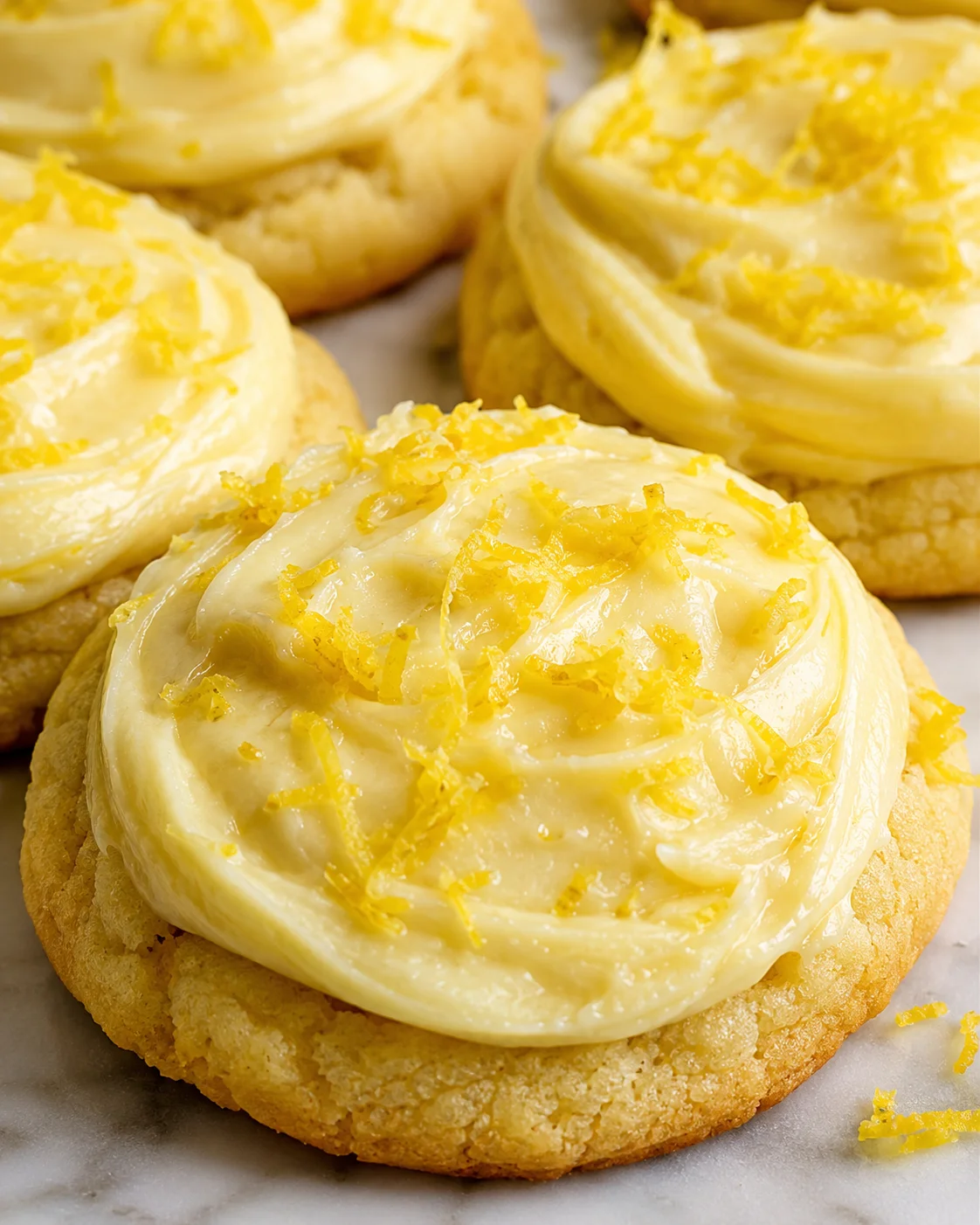 Close-up of bright lemon frosted cookies with zest topping.