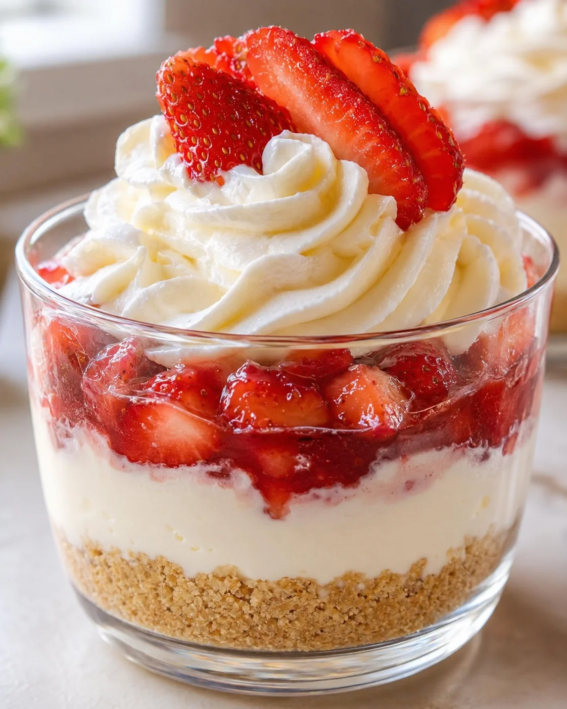 Delicious no-bake strawberry cheesecake in a clear glass with layers and fresh strawberries.