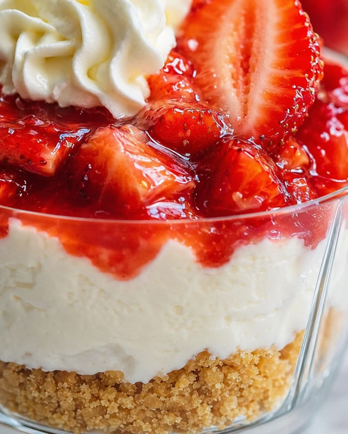 Close-up of no-bake strawberry cheesecake cups with fresh strawberries and whipped cream