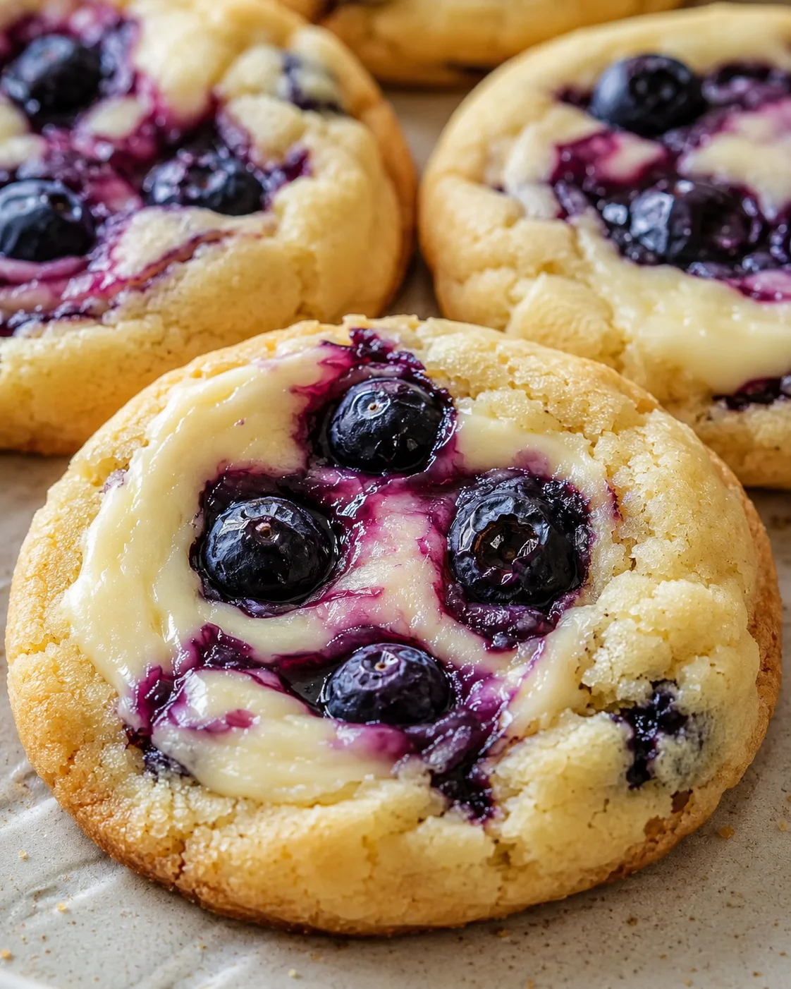 Delicious soft blueberry cheesecake cookies with fresh blueberries and creamy topping