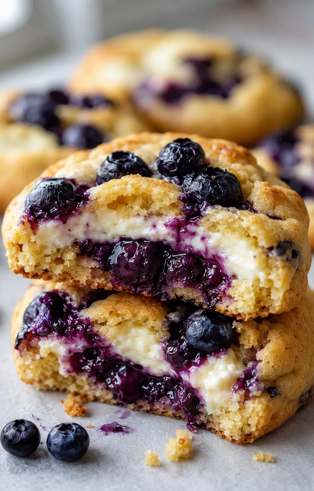 Close-up of soft blueberry cheesecake cookies with blueberries and cream cheese filling