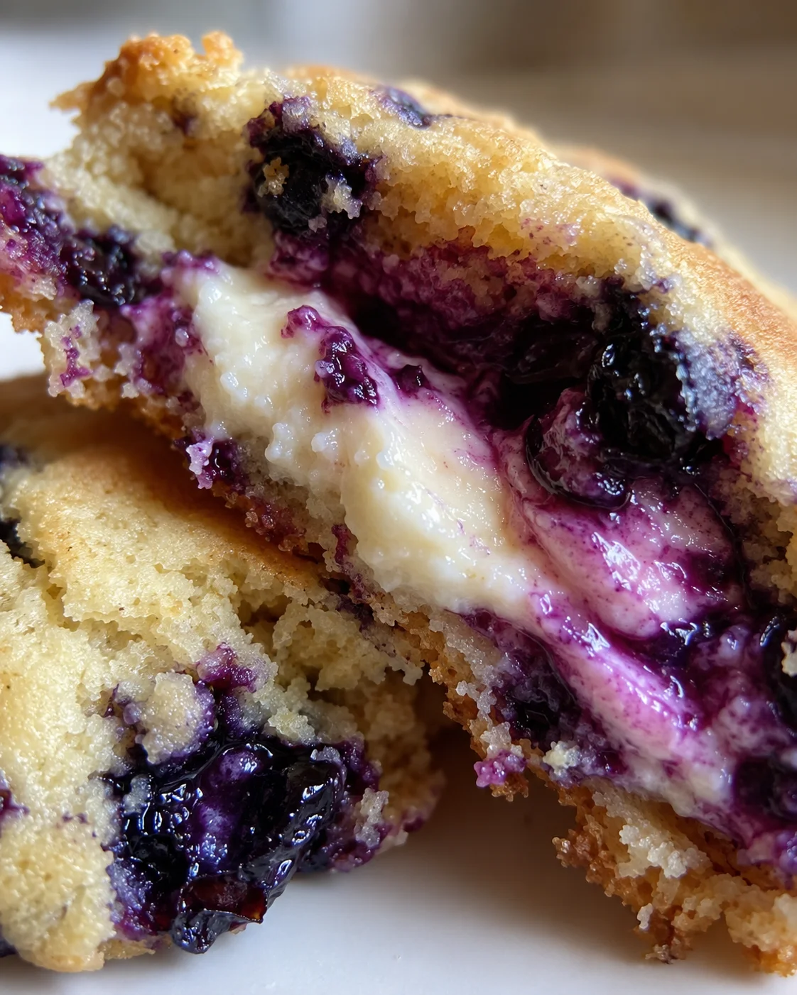Close-up of warm blueberry cheesecake cookies with creamy filling and fresh blueberries