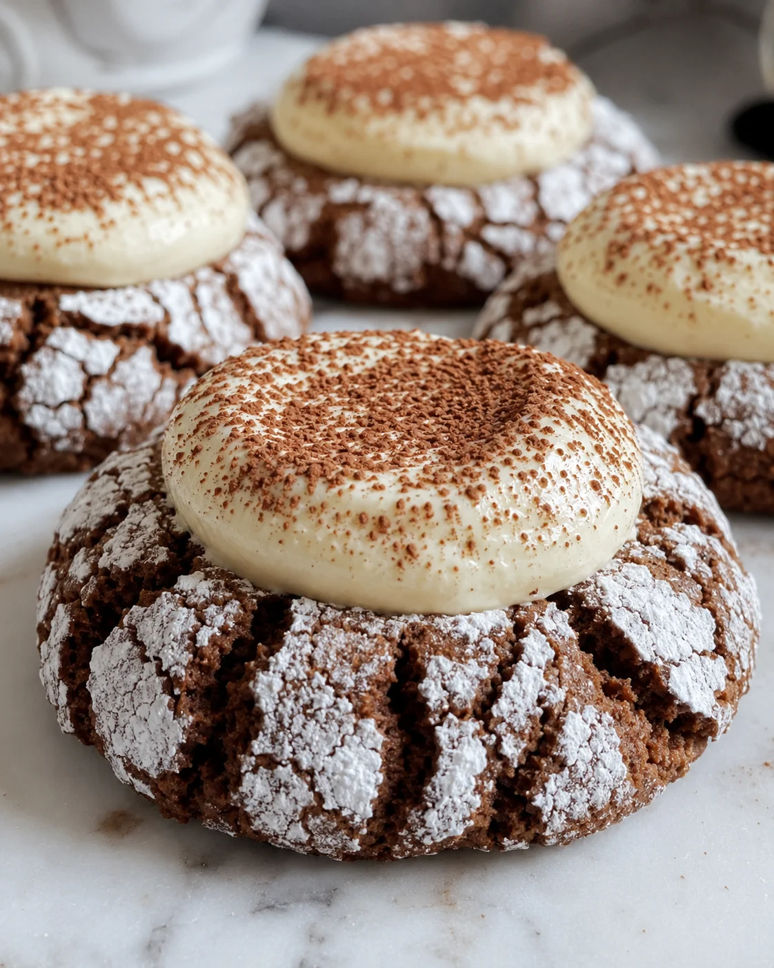 Close-up of chocolate crinkle cookies topped with mascarpone cream and cocoa powder