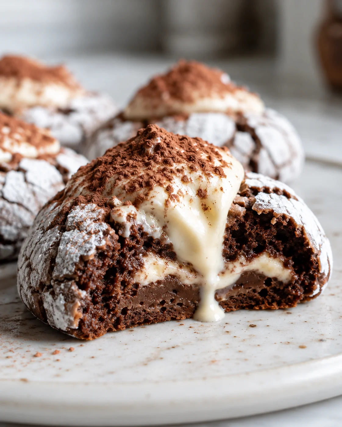 Close-up of a halved tiramisu crinkle cookie with creamy filling inside