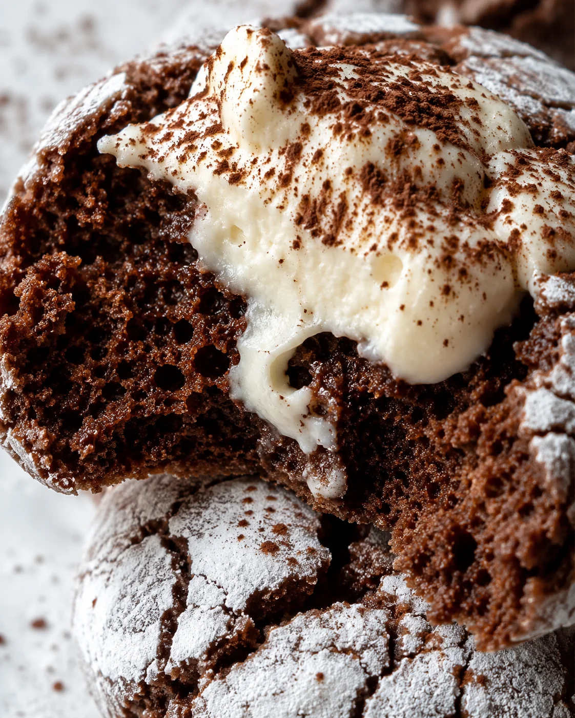 Close-up of a cracked chocolate cookie topped with whipped cream and cocoa powder