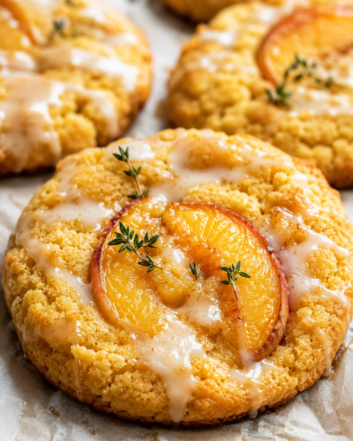 Close-up of freshly baked peach and thyme cornbread cookies topped with glaze