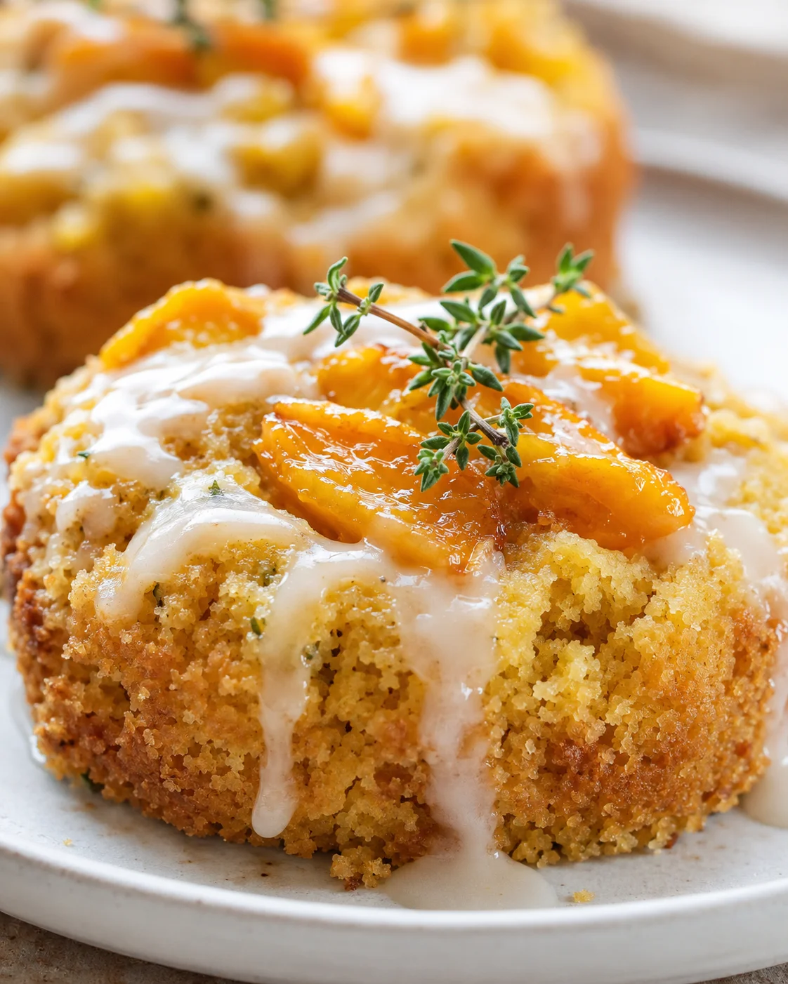 Close-up of peach and thyme cornbread cookies with peach slices on top
