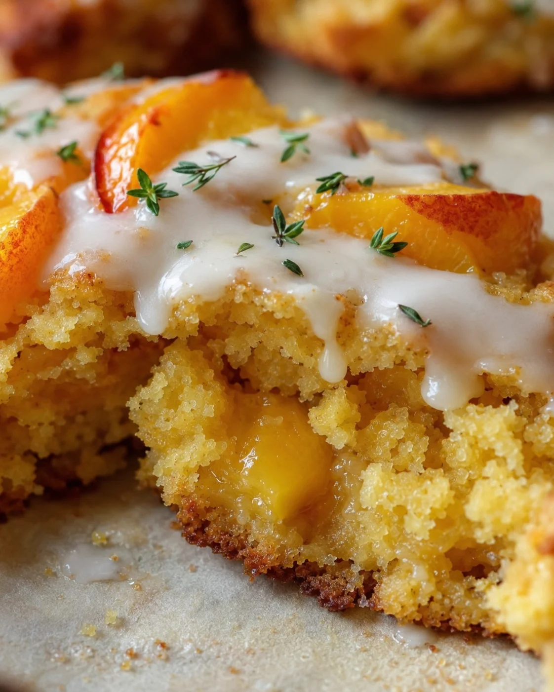 Close-up of baked peach cornbread cookies topped with fresh peaches and thyme