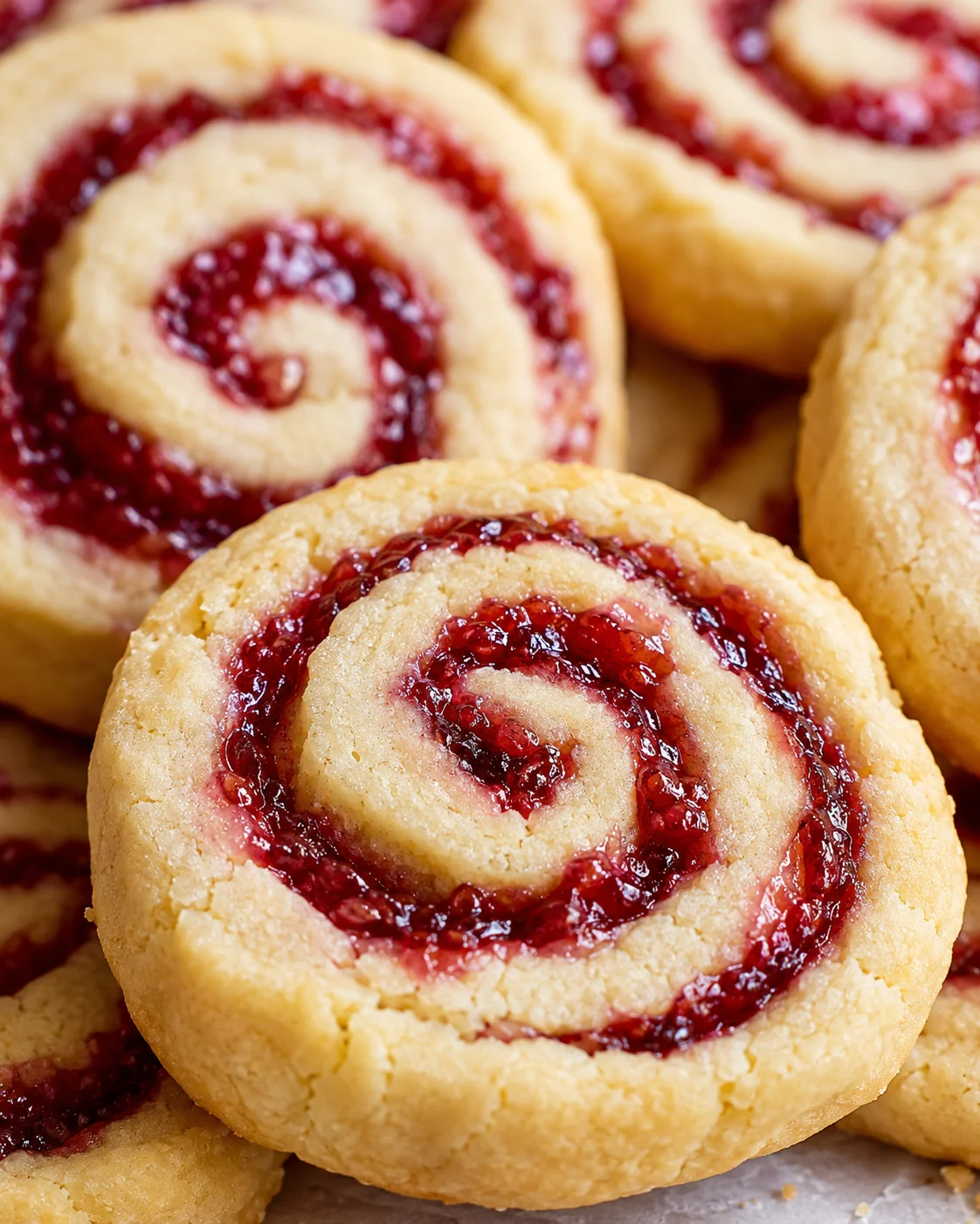 Delicious raspberry swirl shortbread cookies with golden edges and vibrant jam filling.