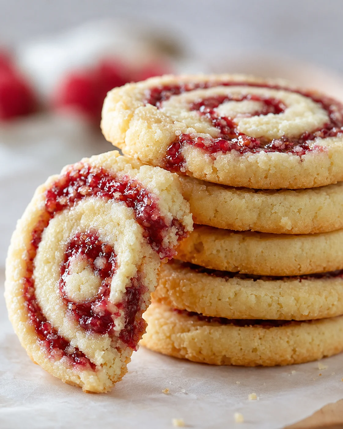 Stack of raspberry swirl shortbread cookies with a close-up of one broken piece.