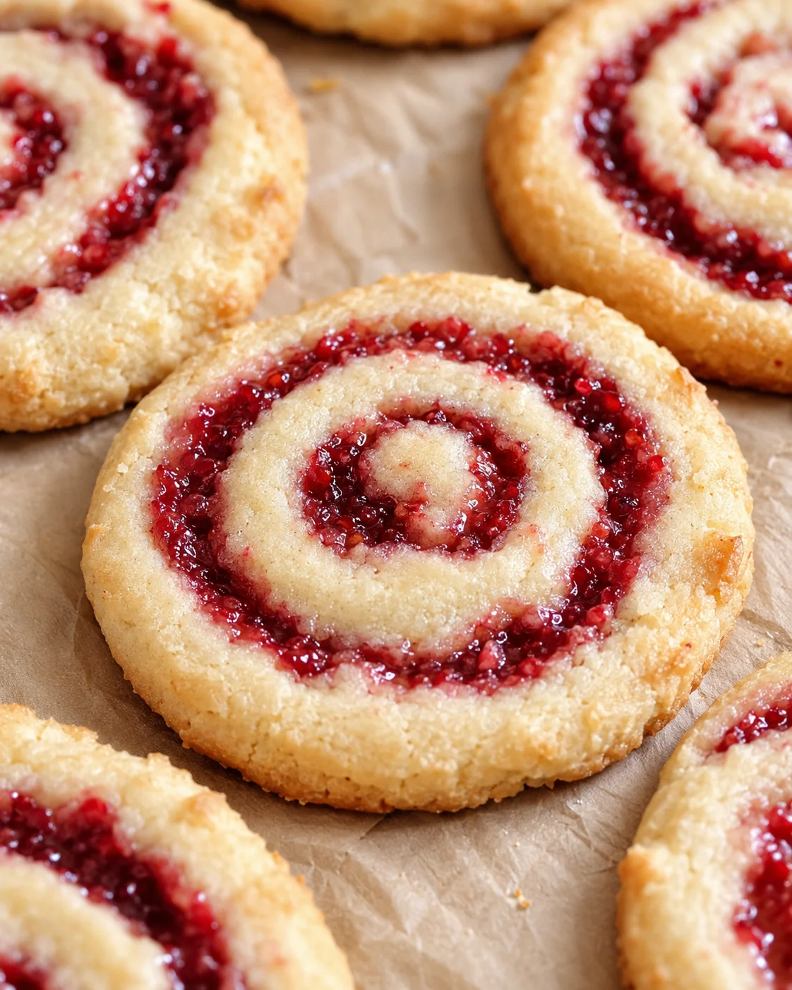 Delicious raspberry swirl shortbread cookies with golden edges and vibrant jam centers.