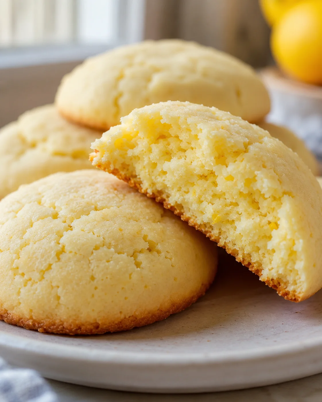 Close-up of soft, lemon-flavored cookies on a white plate.