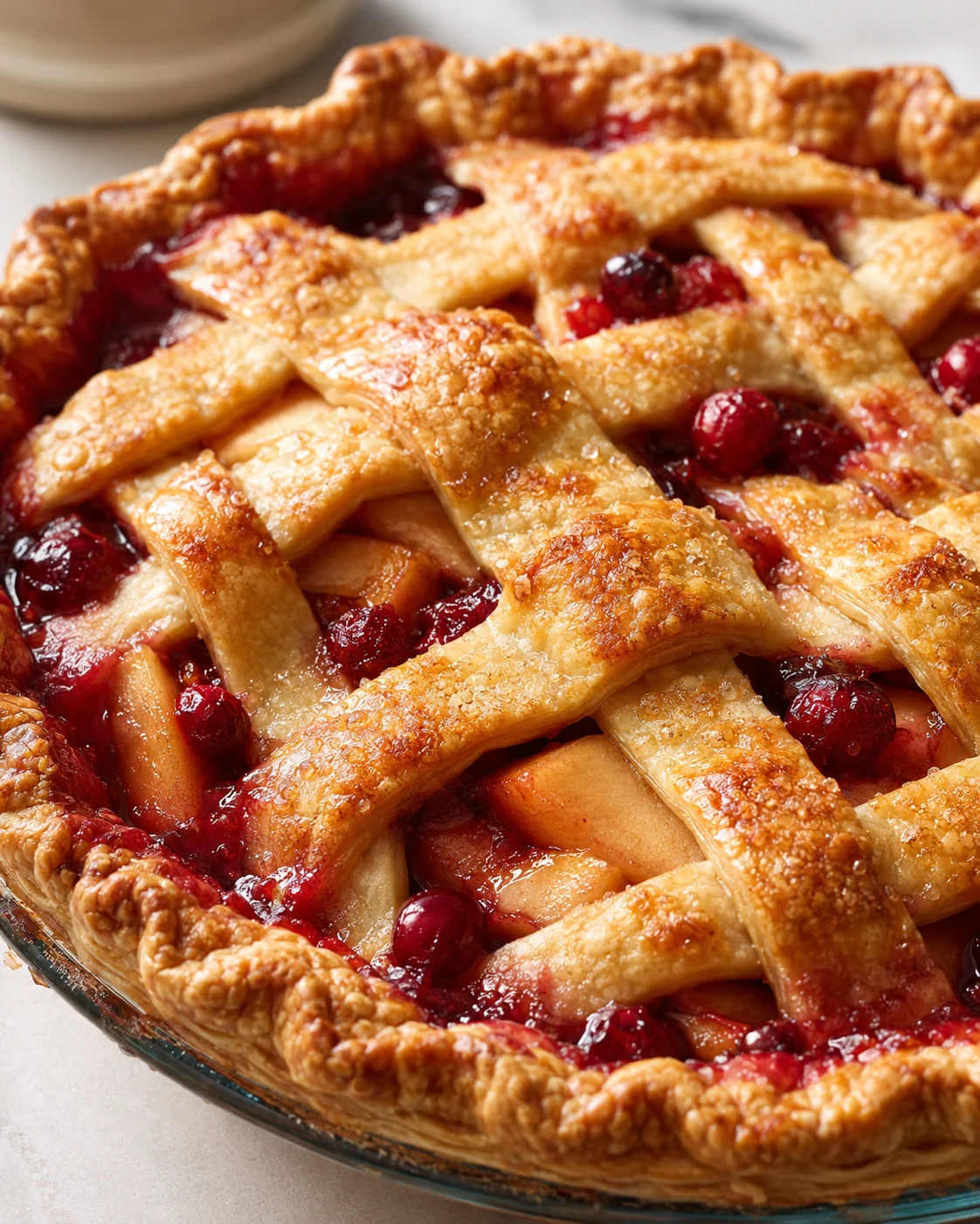 A freshly baked lattice-top cherry pie with a golden crust and juicy filling.