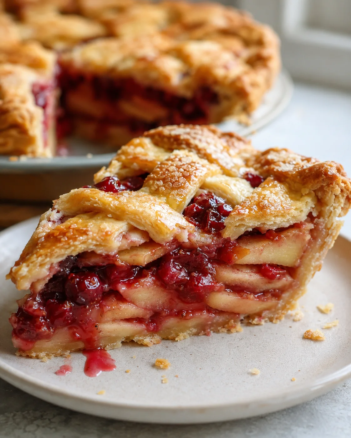 Close-up of a freshly cut slice of cherry and apple pie on a ceramic plate