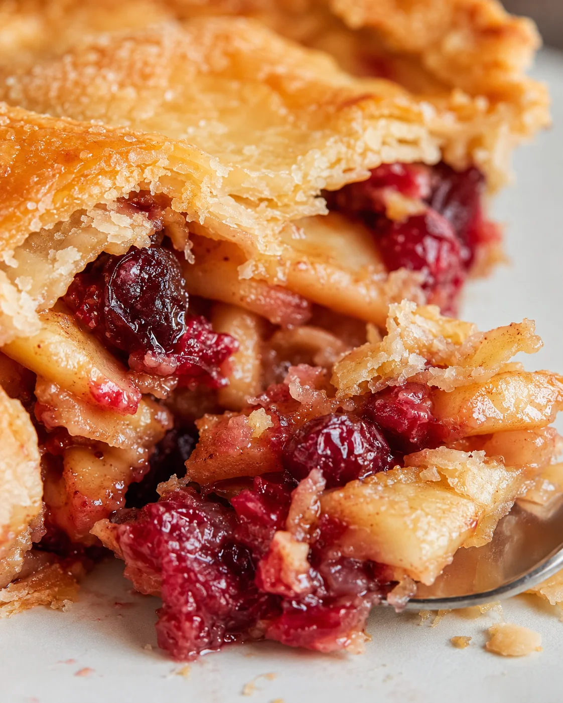 Close-up of a freshly baked cherry pie with golden, flaky crust and filling oozing