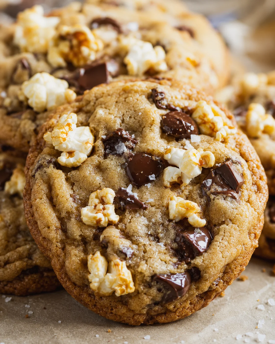 Close-up of freshly baked popcorn chocolate chip cookies with popcorn and chocolate pieces