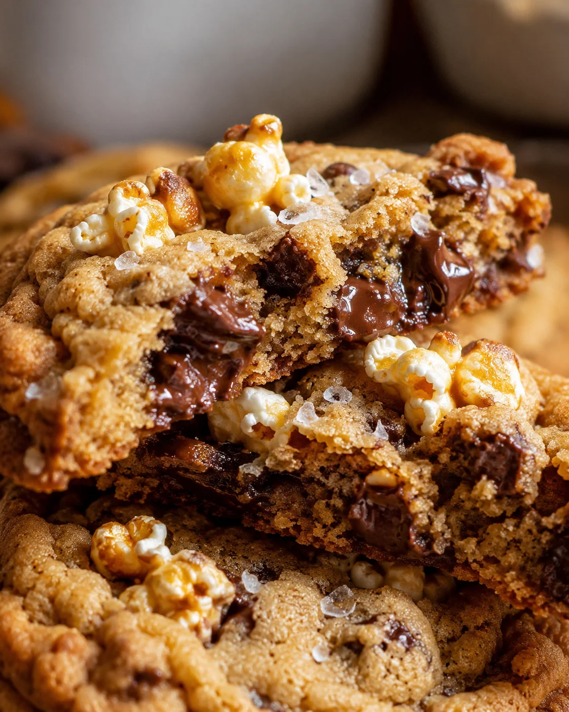Close-up of gooey chocolate chip popcorn cookies with popcorn bits on top.