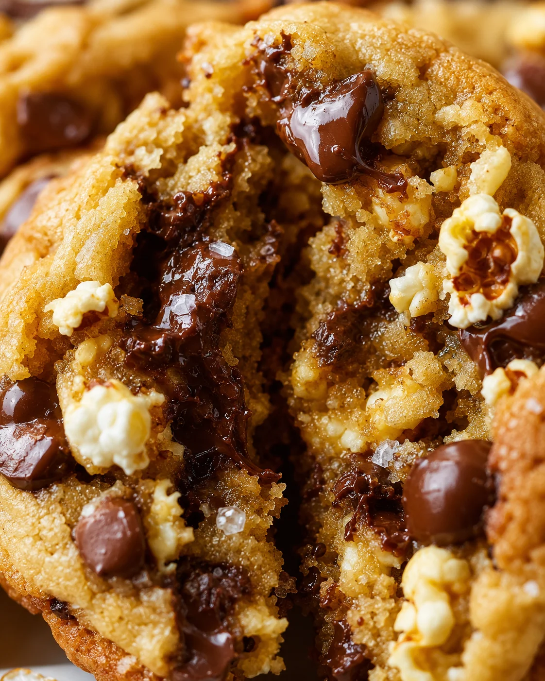 Close-up of chewy popcorn chocolate chip cookies with gooey chocolate and popcorn pieces