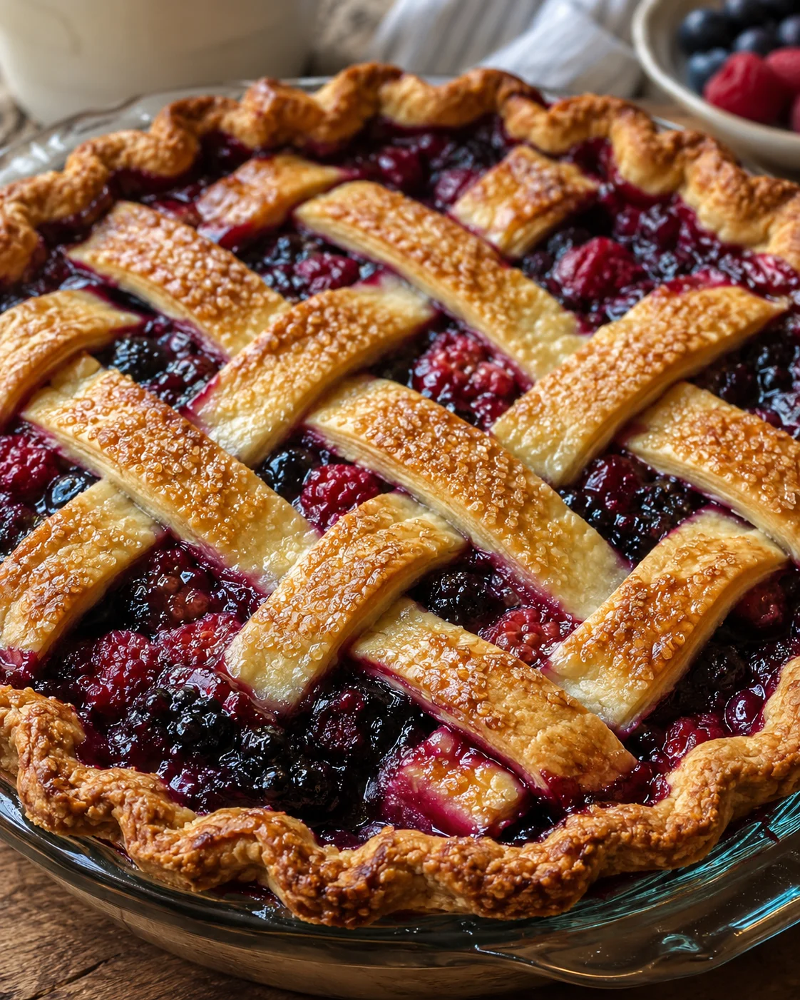 Close-up of a lattice-topped triple berry pie with a golden, flaky crust and vibrant filling