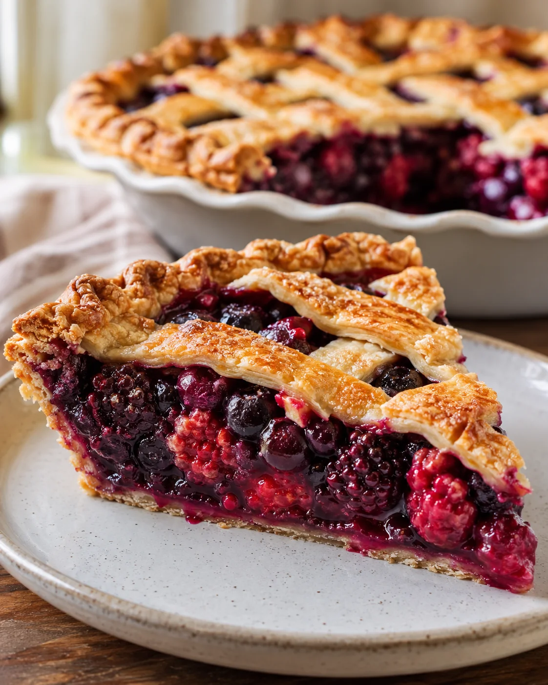Close-up of a freshly sliced homemade triple berry pie on a plate.