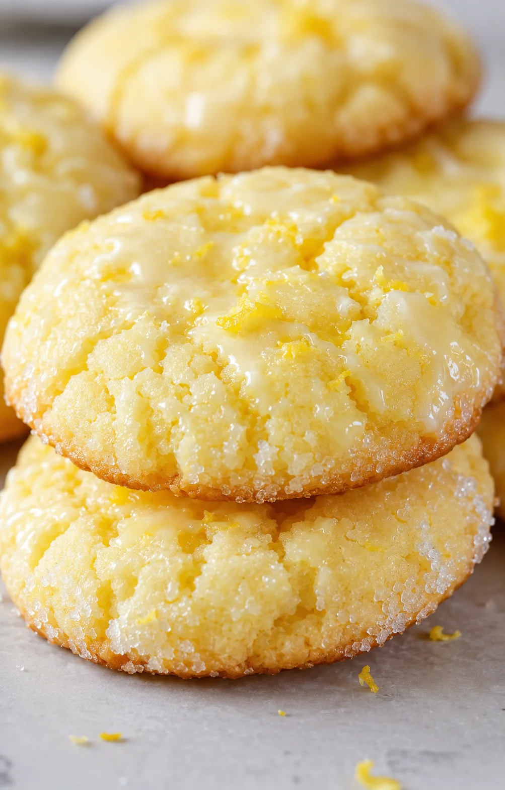 Close-up view of golden, buttery Kentucky butter cake cookies with glaze.
