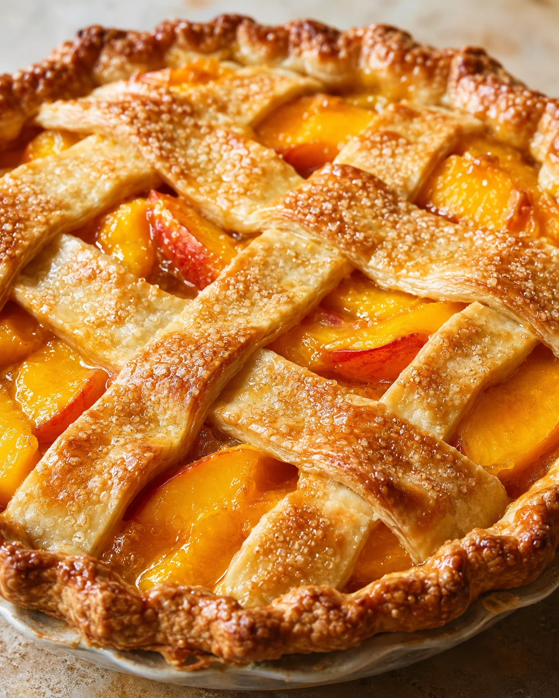 Close-up of a golden lattice peach mango pie with juicy fruit filling