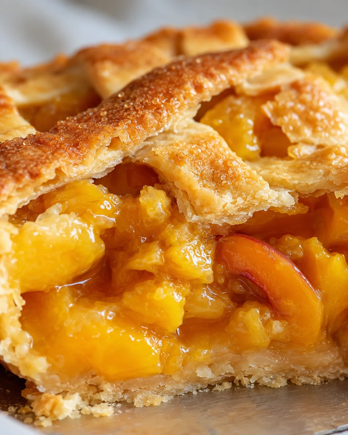 Close-up of a golden peach mango pie with a flaky lattice crust and juicy filling