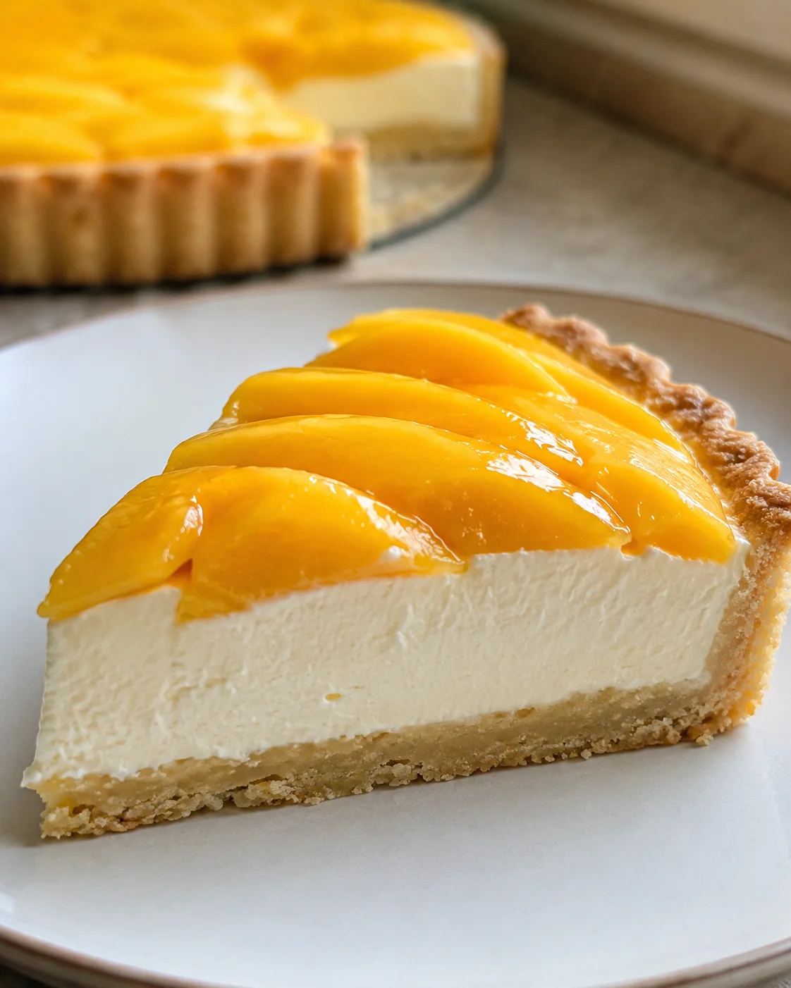 Slice of fresh mango tart with creamy filling and mango slices on top