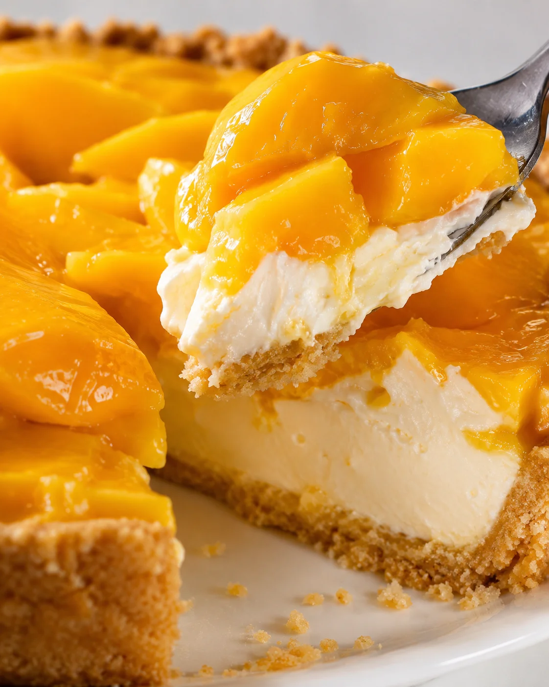 Delicious mango tart with golden crust, creamy filling, and ripe mango slices on top