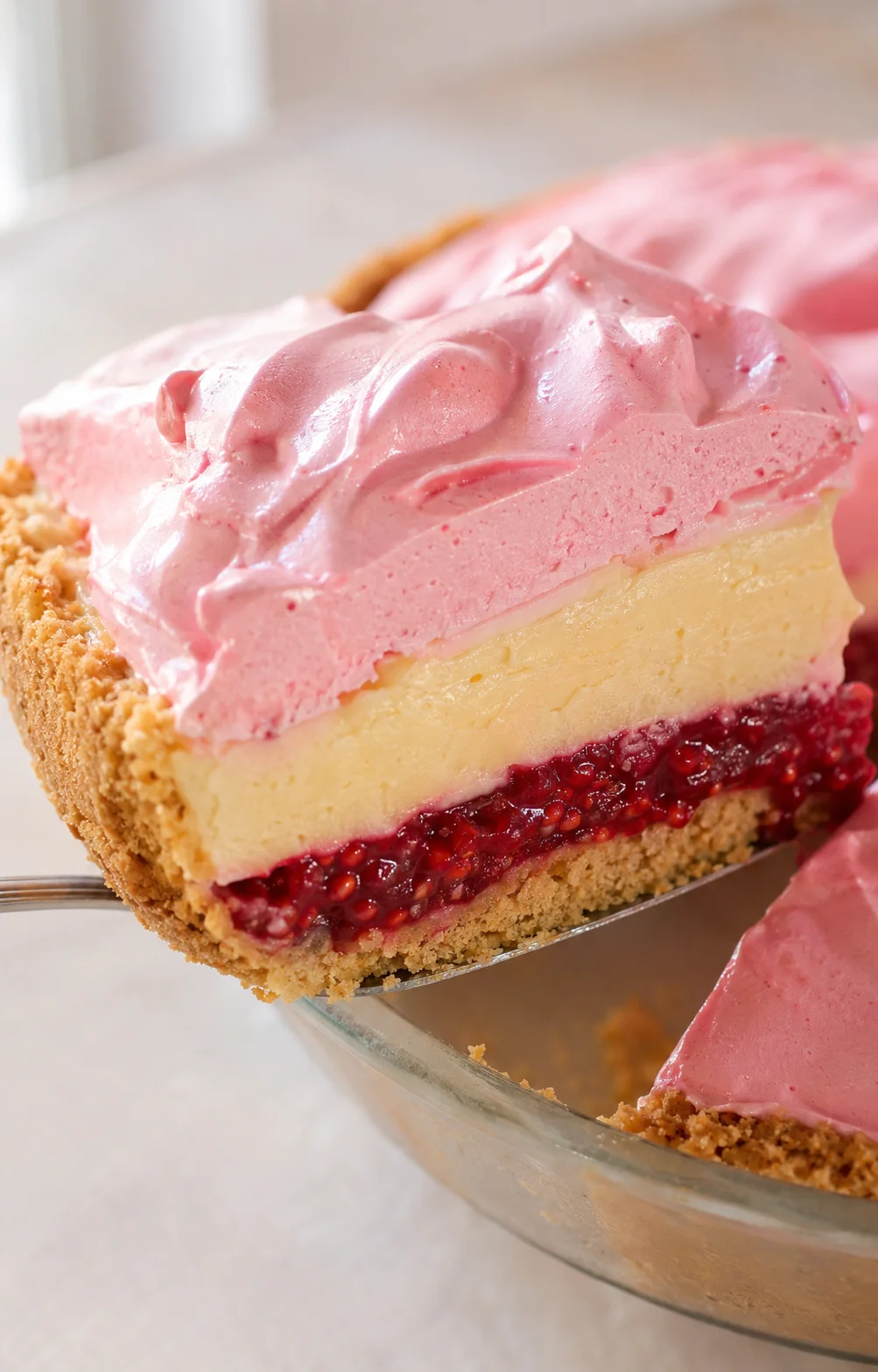 A slice of vibrant peanut butter and jelly pie with pink meringue topping