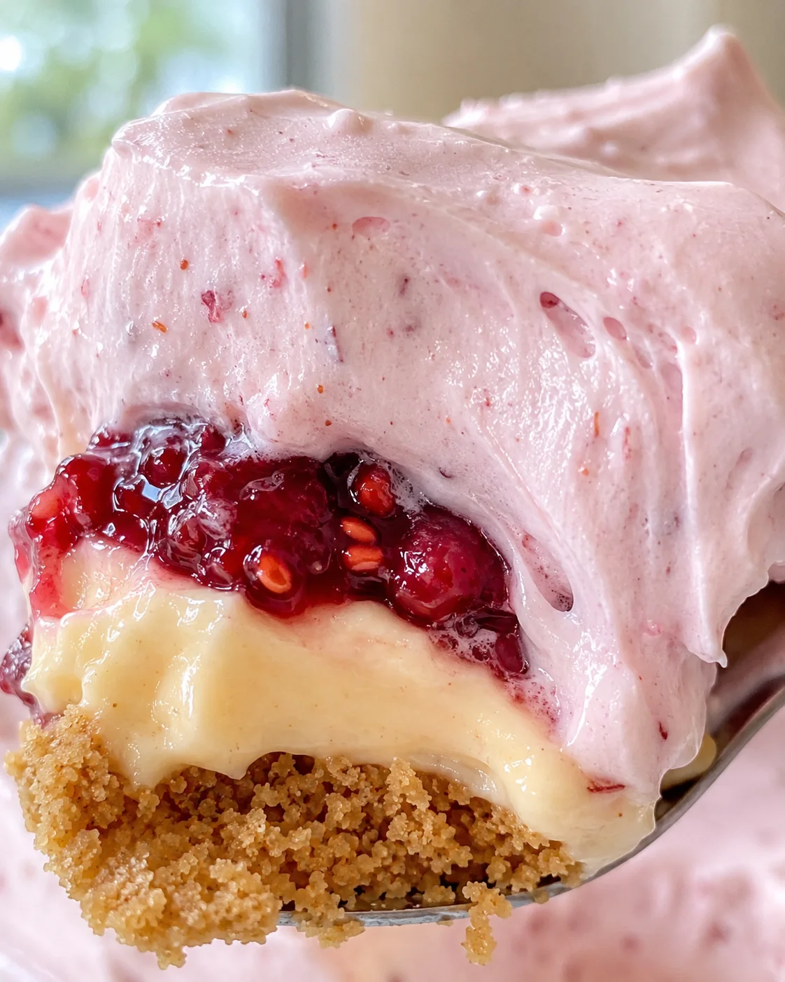 Close-up of a layered peanut butter and jelly pie topped with fluffy meringue
