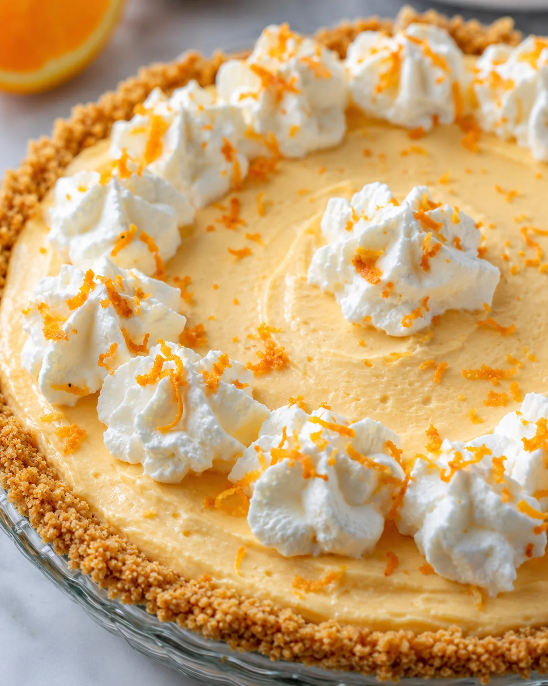 Close-up of a creamy orange creamsicle pie topped with whipped cream and zest