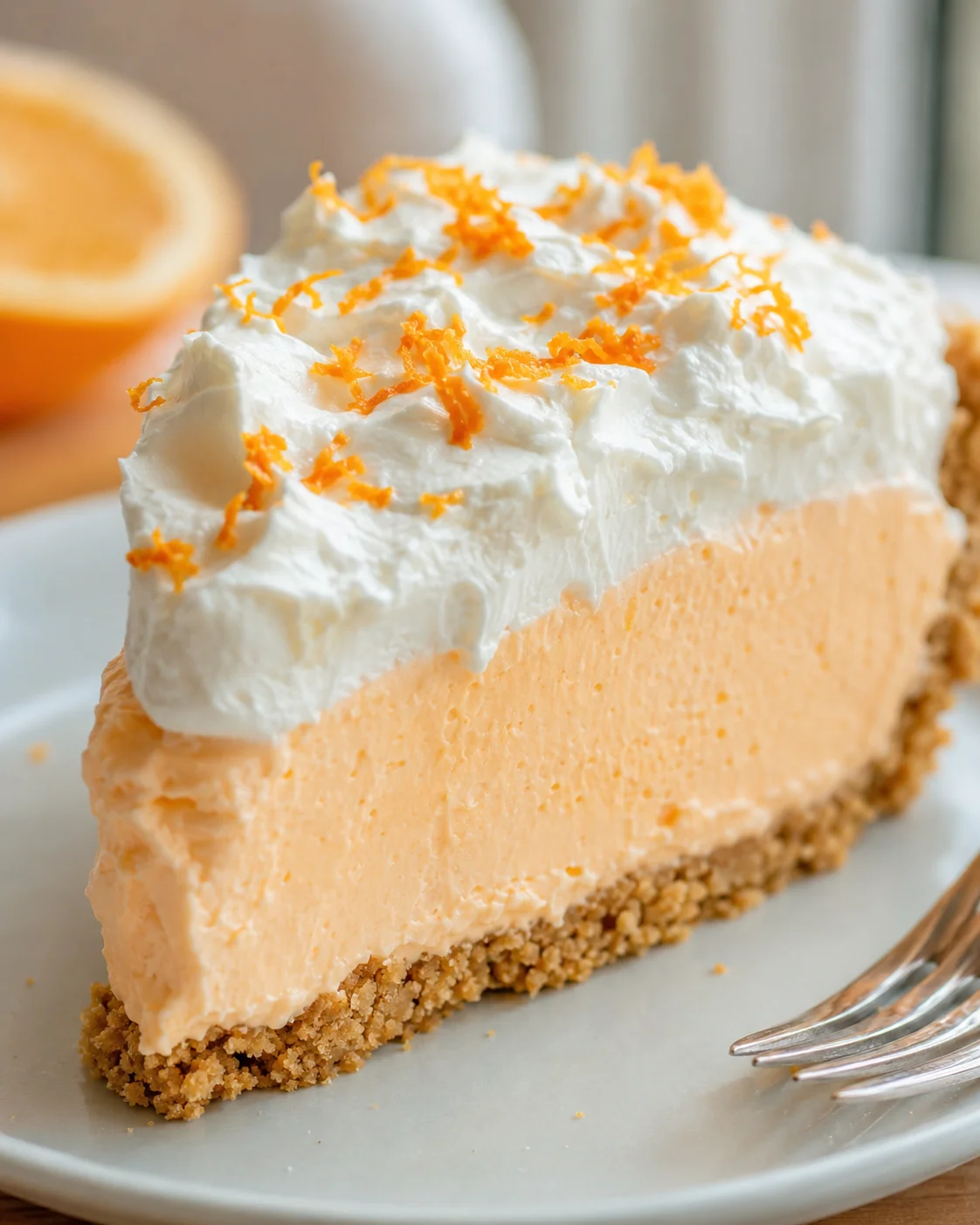 Delicious orange creamsicle pie with whipped topping and orange zest garnish.