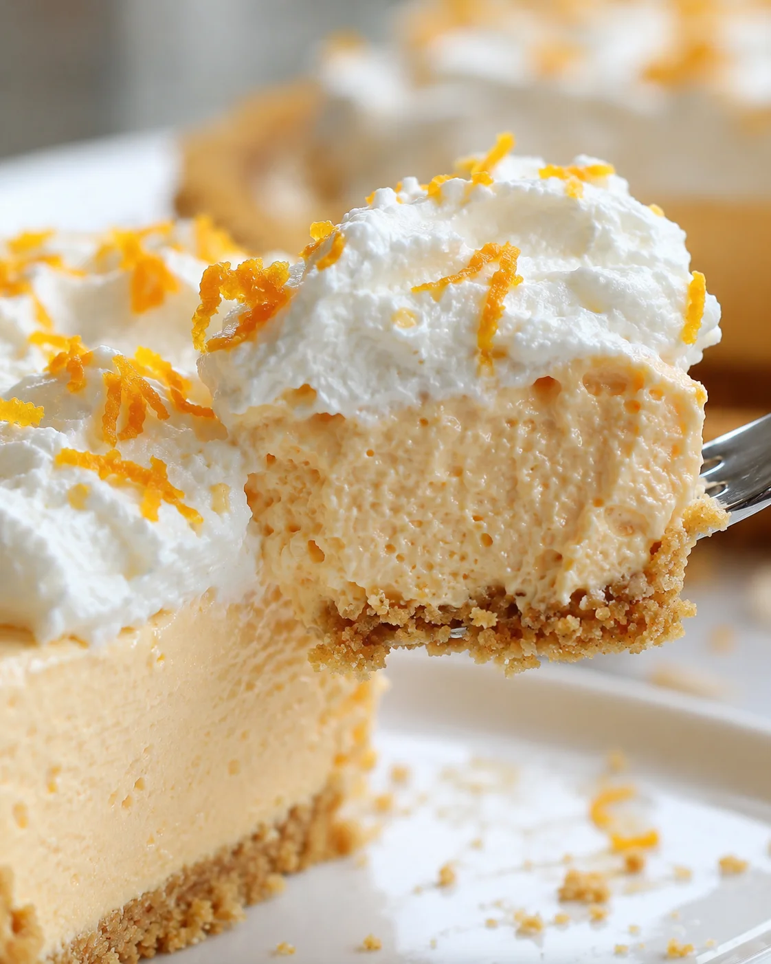 Close-up of creamy orange creamsicle pie with whipped topping and zest garnished