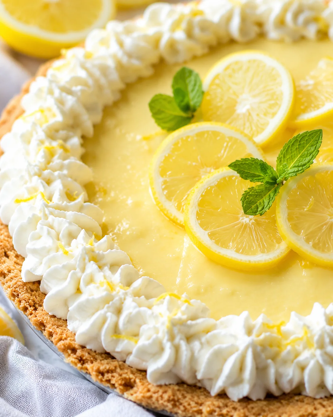 Close-up of a creamy lemon mascarpone pie topped with lemon slices and mint leaves.