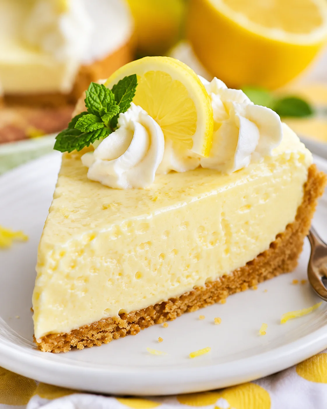 Delicious lemon mascarpone cream pie garnished with lemon slices and mint