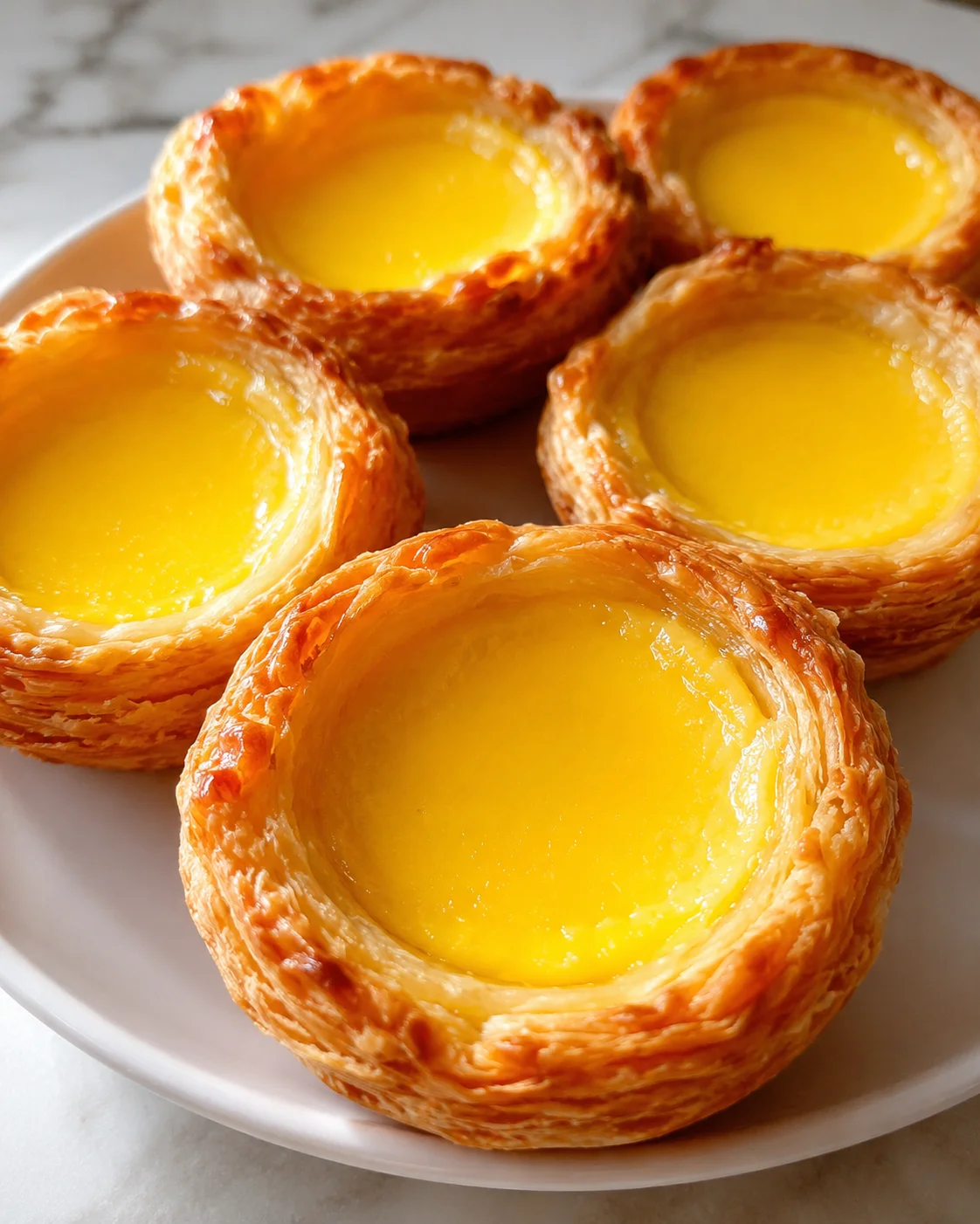 Close-up of golden, flaky egg tarts with smooth custard filling.