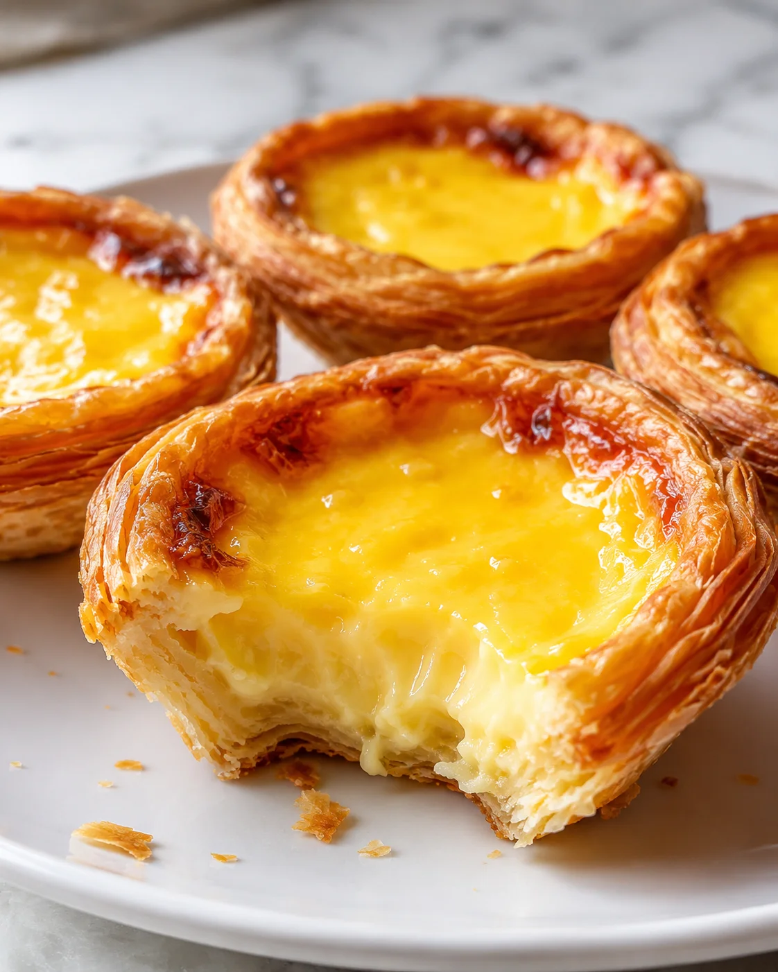Close-up of flaky egg tarts with golden custard filling on a white plate