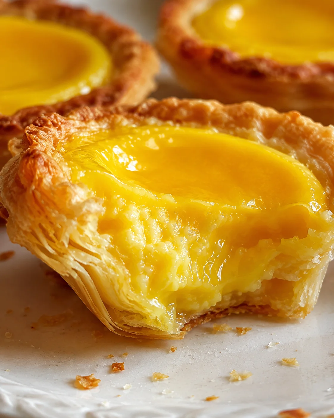 Close-up of crispy pastry shell filled with creamy, yellow egg custard.
