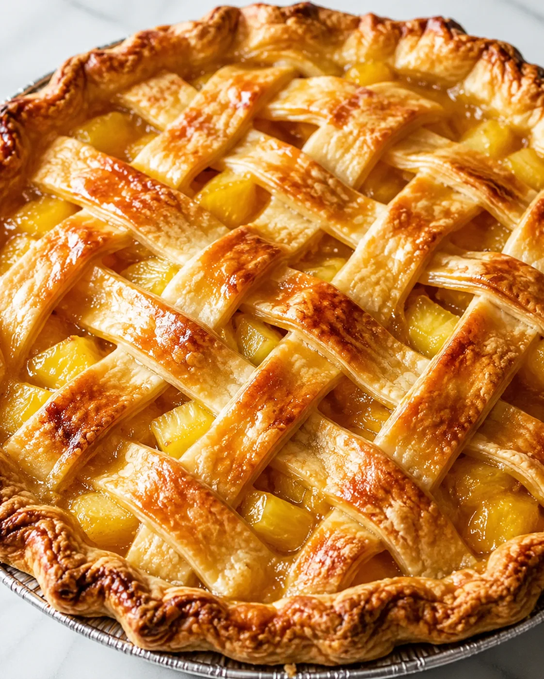 Close-up of a freshly baked pineapple pie with golden lattice crust