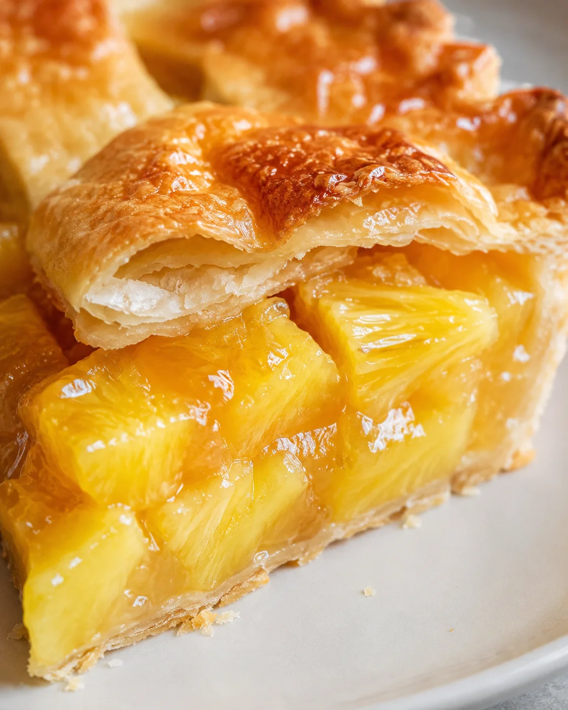 Close-up of a freshly baked pineapple pie with a golden lattice crust and juicy filling