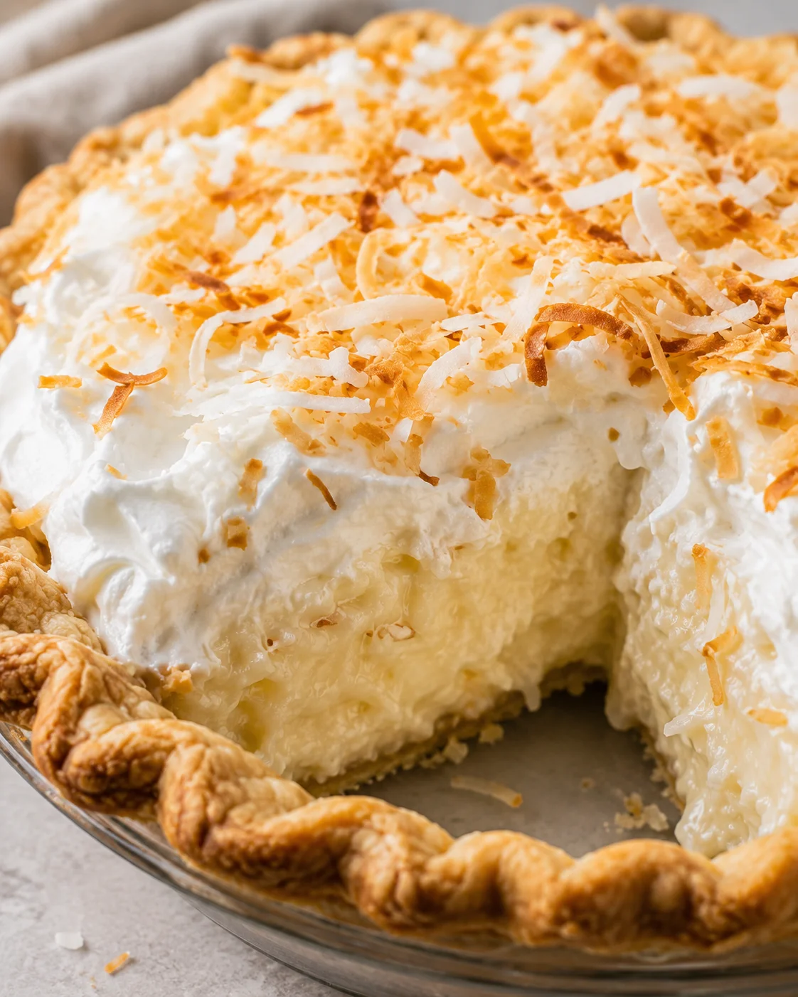 A close-up of a freshly sliced coconut cream pie with toasted coconut topping.