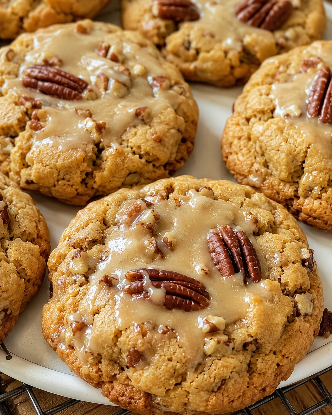 Close-up of freshly baked maple pecan cookies with glossy maple glaze and pecans.