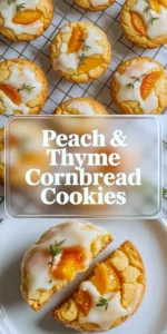 Collage of peach and thyme cornbread cookies showing glazed cookies on a cooling rack and a split cookie with peach pieces inside.