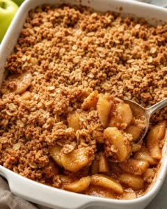Baked apple crisp with a crunchy oatmeal topping in a white baking dish.