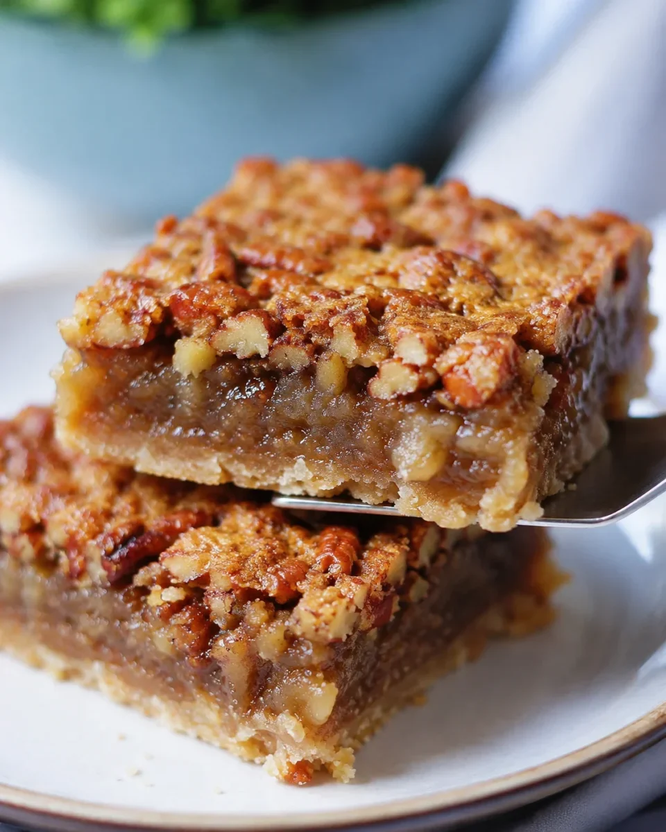 Close-up of sliced pecan pie bars showing a crunchy crust and caramel filling