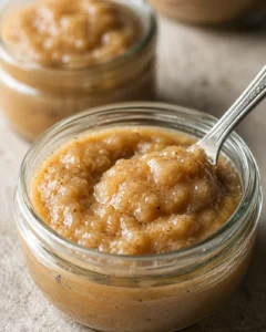 Creamy homemade bourbon banana butter spread in a glass jar with a spoon.