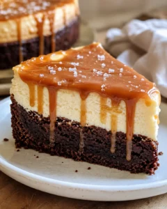 A slice of caramel brownie cheesecake with salted caramel drizzle on top.