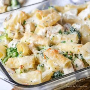 Broccoli Chicken Alfredo Bake in a glass casserole dish.