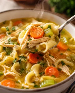 A ladle serving hot chicken noodle soup filled with vegetables and shredded chicken